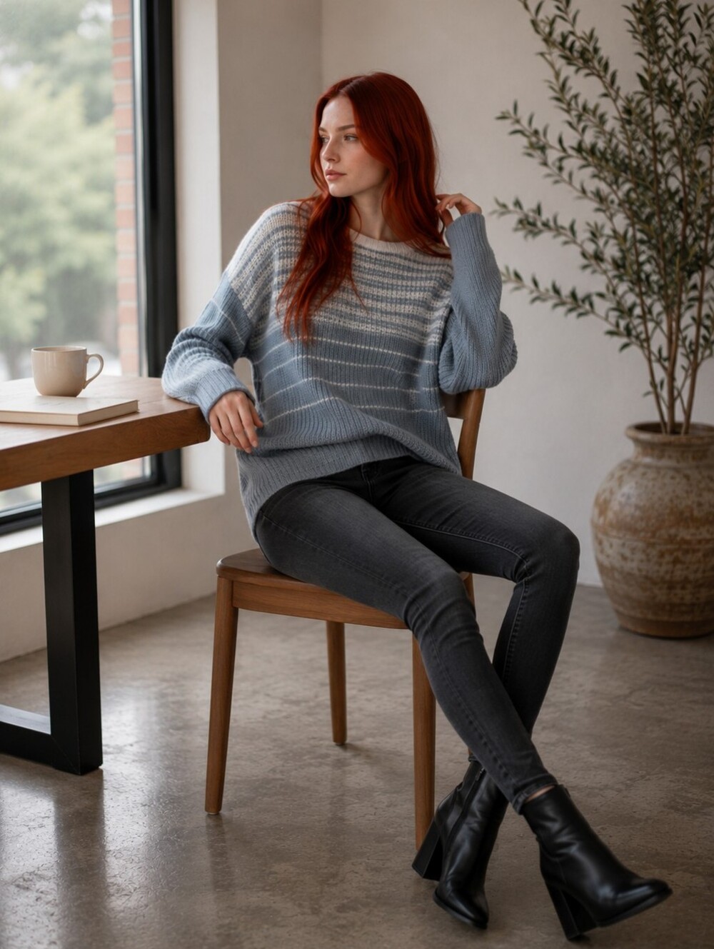 EUC Tahari Size XS Gray Blue Striped Drop Shoulder Boat Neck Sweater!